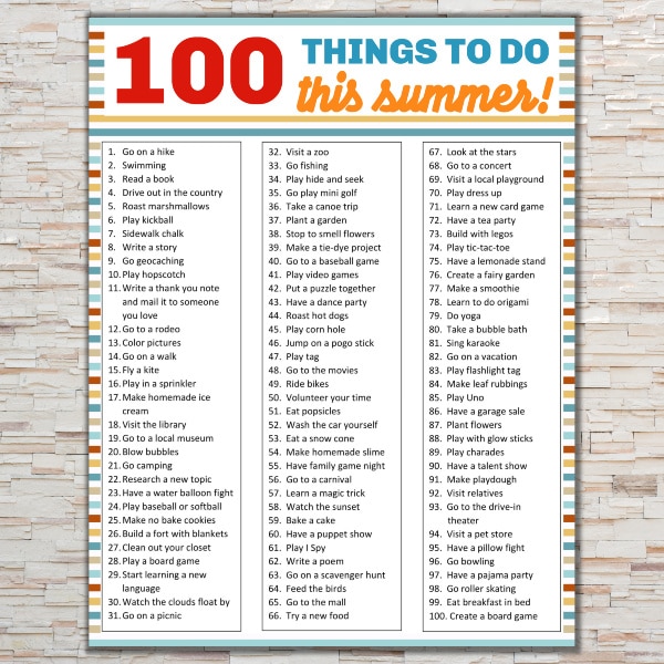 printable 100 things to do this summer