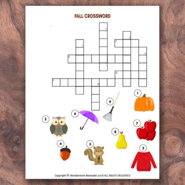 free printable fall crossword puzzle for kids
