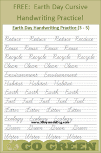 earth day cursive practice sheets