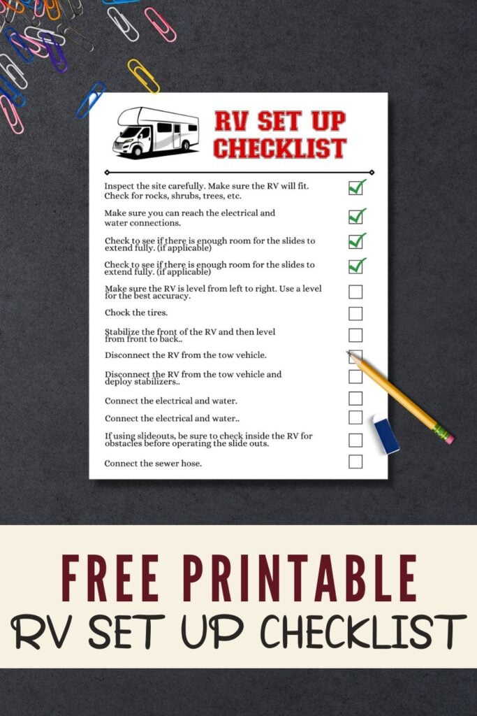 Printable RV set up checklist pin