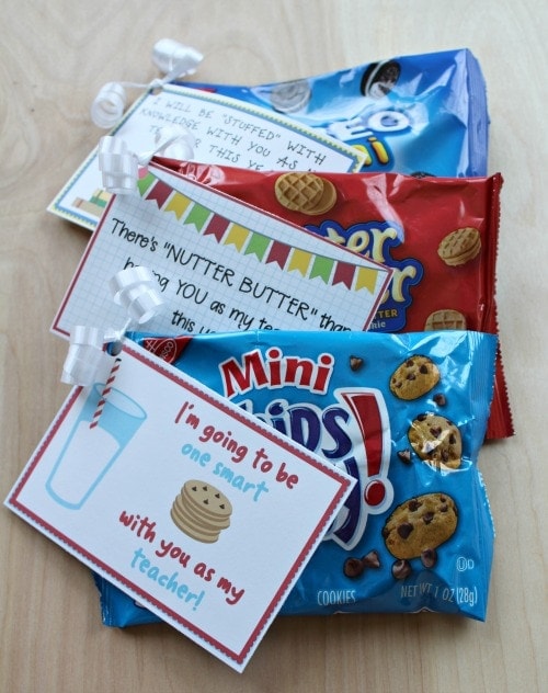 Chips Ahoy, nutter butter, and oreo with gift tags
