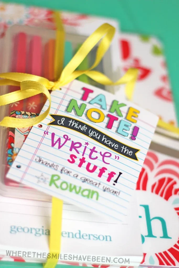 Notebook and pens with printable tag
