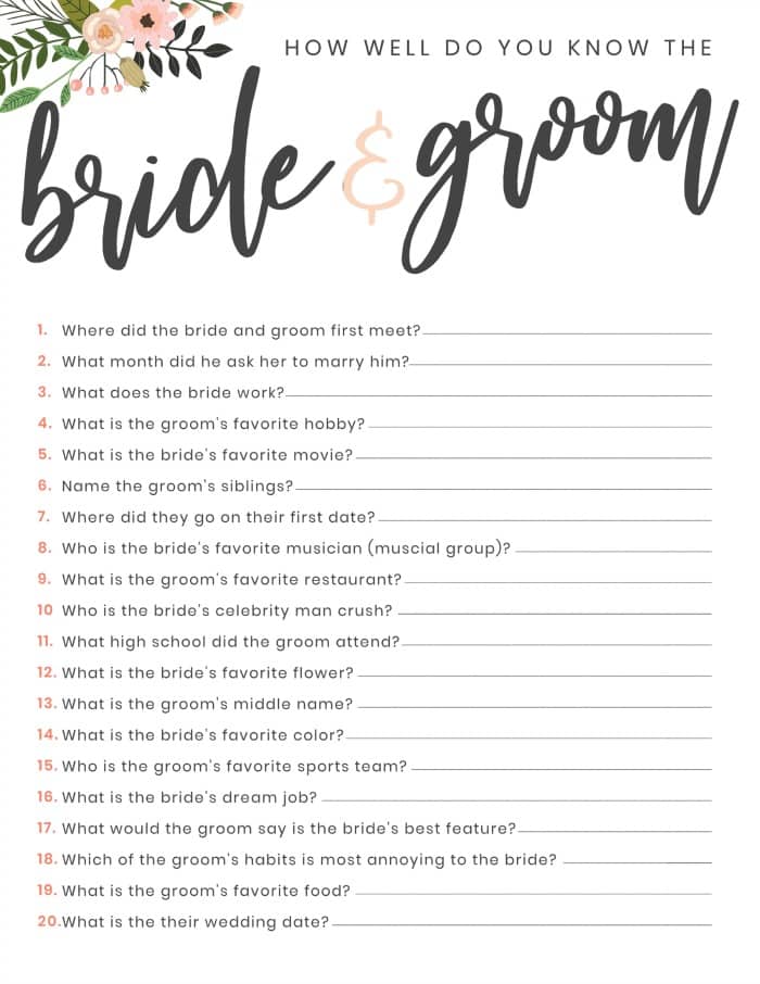 How well do you know the bride and groom printable
