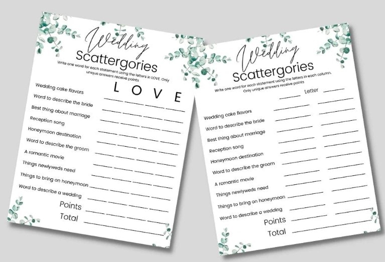 Wedding Scattergories Printable