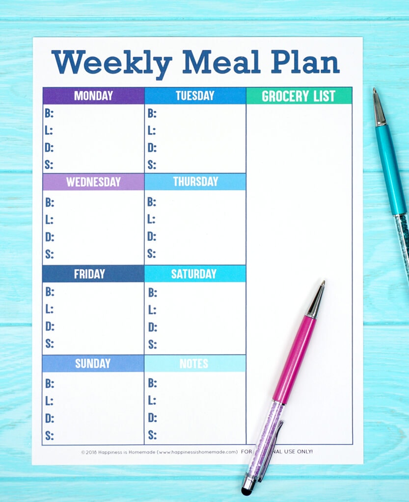 Meal Plan Printable with Grocery List Section